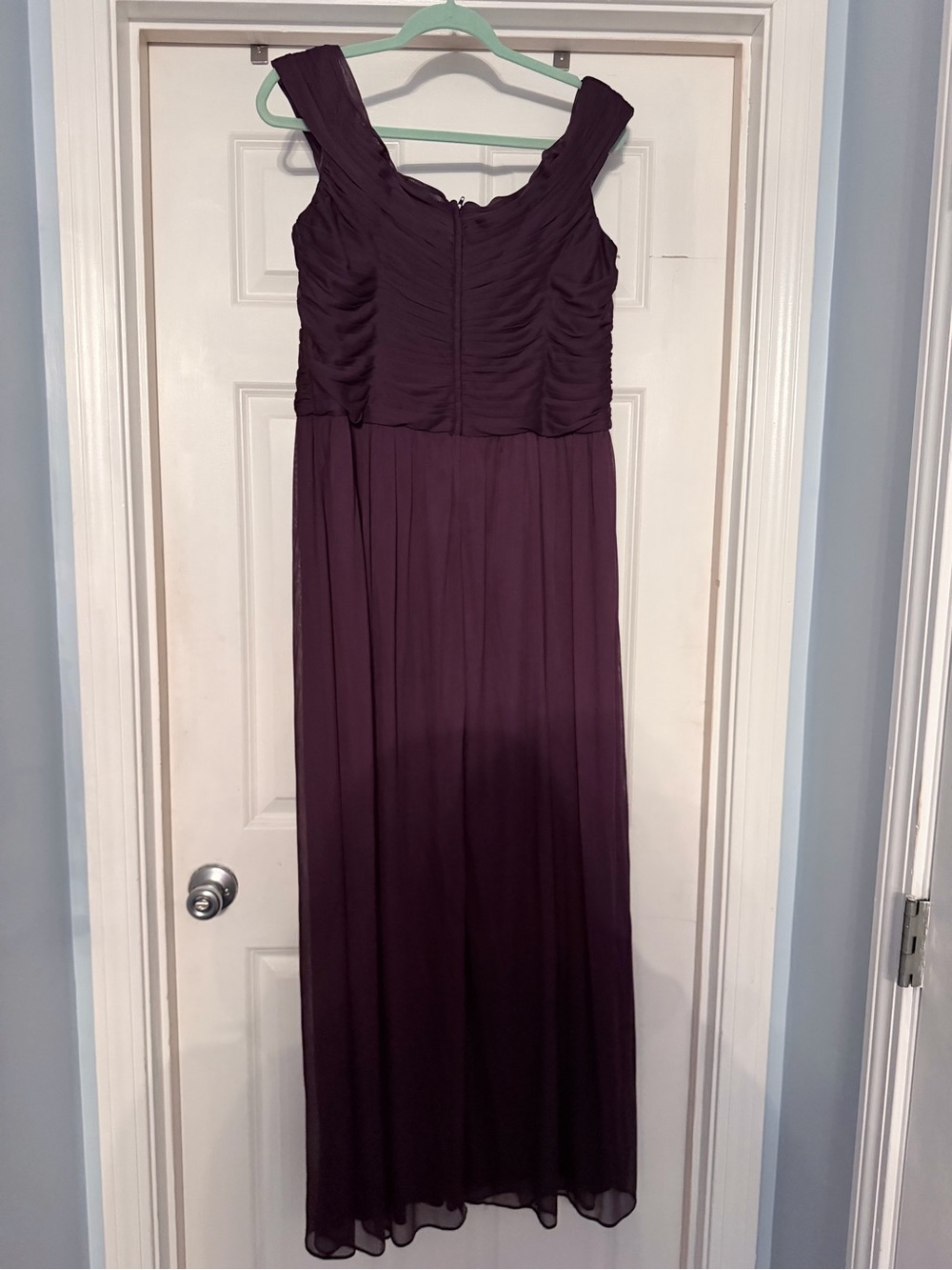 David's Bridal Plum Ruched Bodice Chiffon Maxi Dress